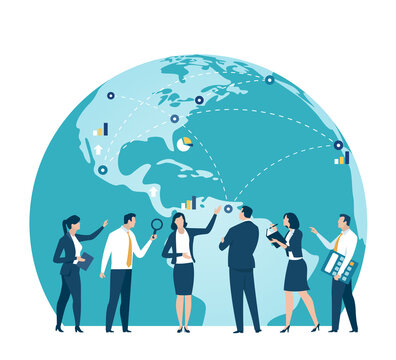 Global trade, investing. Business vector illustration. The team discusses in front of globe.
