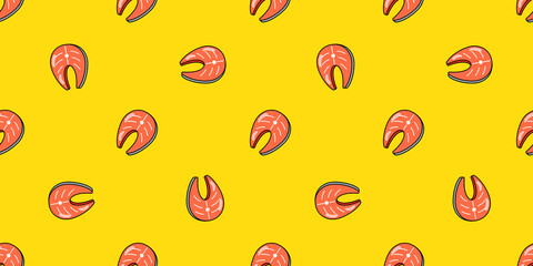 Salmon steak seamless pattern. Vector background for design. Food concept.
