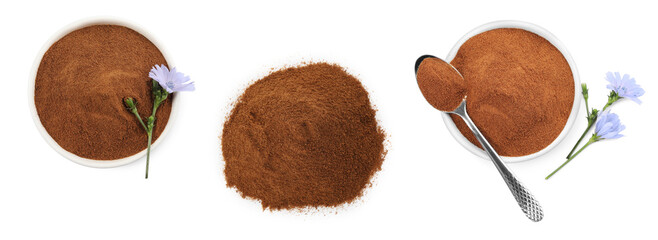 Set with chicory powder on white background, top view. Banner design