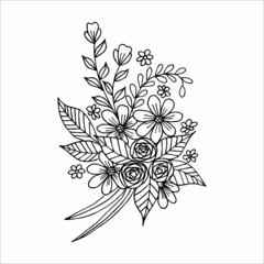 Hand drawn flower arrangement in black and white color doodle or sketch style, vector. Postcard, invitation, poster, greeting card, coloring book page.