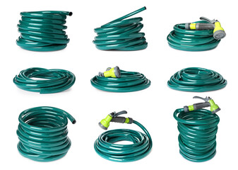 Set with green rubber watering hoses on white background