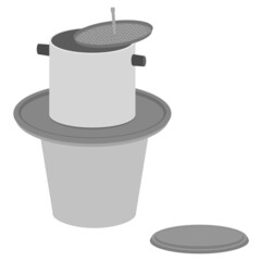 Vietnamese traditional coffee dripper isolated on white. Coffee maker. Dripping hot coffee brewing system. Flat cartoon. Vector illustration.