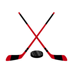 Two crosse hockey sticks and a washer flat design on white background isolated icon. Sport hockey equipment vector illustration.