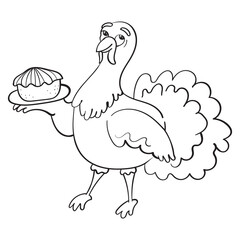 Turkey with Pie Thanksgiving Day Vector Cartoon Illustration Coloring Page or Book