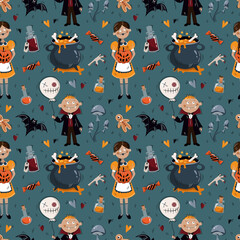 Halloween vector pattern. Seamless pattern of witch girl and vampire boy, skull, ghost, pumpkin, bat, potion jar, pumpkin stuffed animal, poisonous mushrooms, witch shoes on a blue background