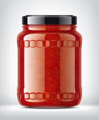 Glass Jar with Tomato Sauce on Background. 