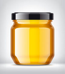 Glass Jar with Honey on Background. 