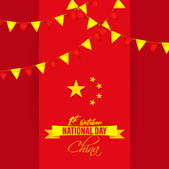 Vector illustration of China national day, 1st October, china flag, a soldier with rifle and helmet, abstract wavy flag background.