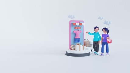 3d rendering man and woman screen smartphone online shopping concept landing page