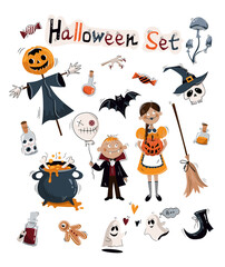 Halloween vector set.Happy halloween illustration. Vector illustrations of witch girl and vampire boy, skull, ghost, pumpkin, bat, potion jar, pumpkin stuffed animal, poisonous mushrooms, witch's shoe