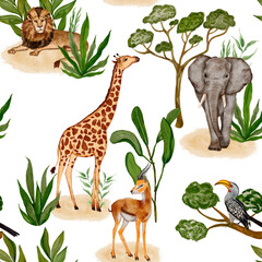 Watercolor pattern savannah animals, elephant, giraffe, lion, toko, gazelle. Hand-drawn and suitable for all types of design and printing.