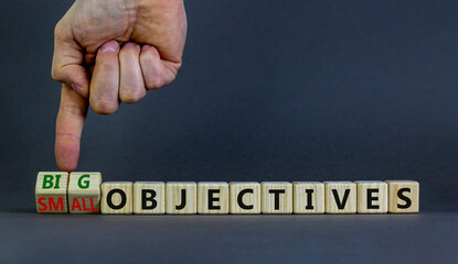 Big or small objectives symbol. Businessman turns wooden cubes, changes words small objectives to big objectives. Beautiful grey background, copy space. Business, big or small objectives concept.