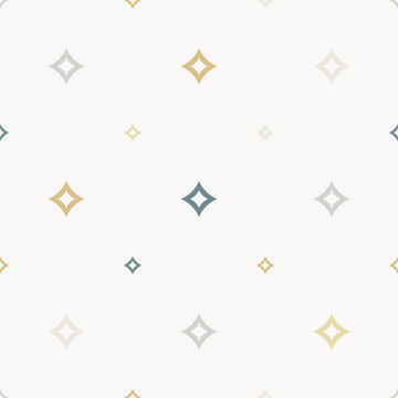 Seamless vector pattern with small diamond rhombuses, shaped and stars. Abstract white, gold, teal geo texture. Simple minimal repeat background. Subtle kids design for wallpaper, fabric, decor, .