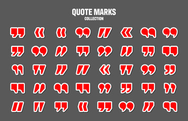 Quotation marks vector collection. Red quotes icon. Colorful stickers collection. Speech mark symbol.