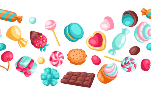 Seamless pattern various candies and sweets. Confectionery or bakery stylized illustration.
