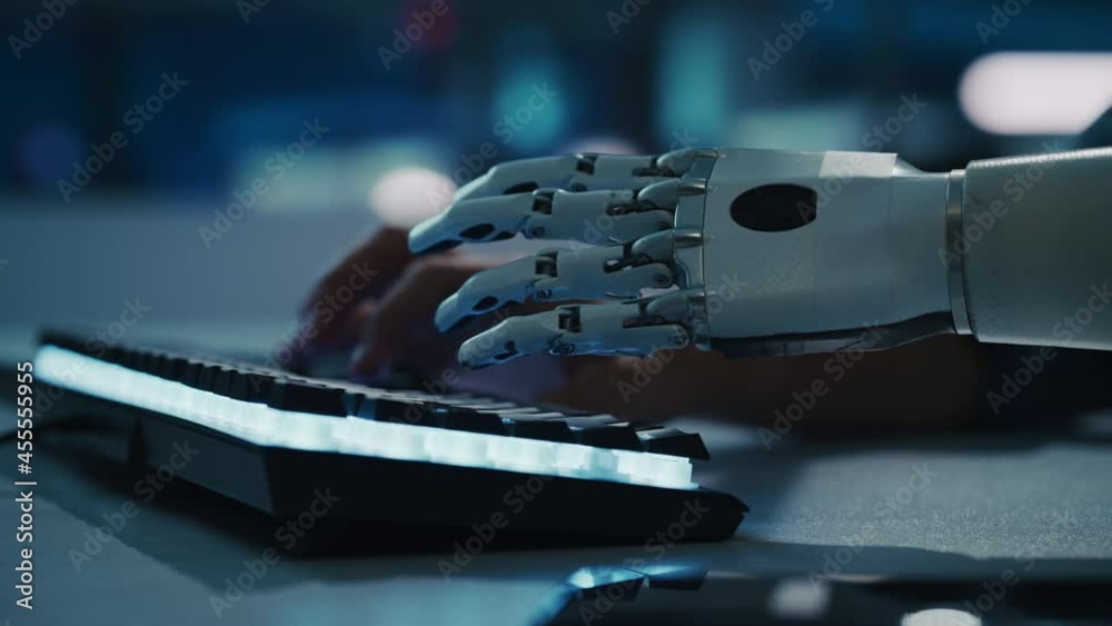 Aufkleber Close-up on Hands: Programmer With Disability Using Prosthetic Arm to Work on Computer Keyboard. Specialist Swift and Natural Use of Myoelectric Bionic Hand To Type for e-Commerce Software Project