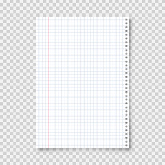 Realistic blank lined paper sheet in A4 format on transparent background. Notebook page, document. Design template or mockup. Vector illustration.