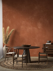 Orange interior with dining table and decor. 3d render illustration mockup.