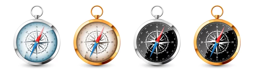 Fotobehang Realistic silver, golden vintage compass with marine wind rose and cardinal directions of North, East, South, West. Shiny metal navigational compass. Cartography and navigation. Vector illustration. © 32 pixels