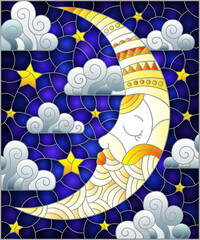 Illustration in stained glass style with moon on cloudy sky background, horizontal orientation