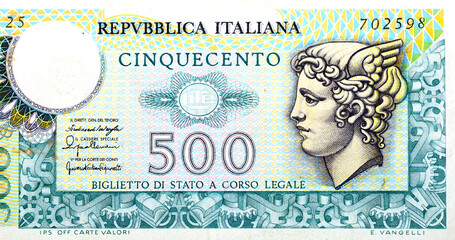 Large fragment of the obverse side of 500 five hundred Italian Lire banknote currency 1976...