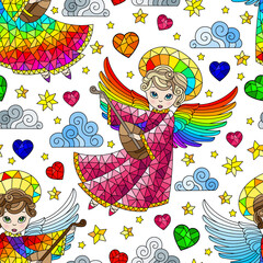 Seamless pattern on the theme of Valentine's day, cute angels and hearts on a white background