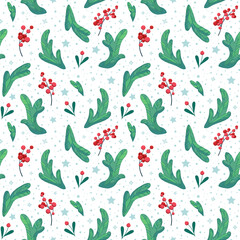 Elegant seamless pattern on a white background. Vector illustration with snow, snowflakes, stars, Christmas fir branches and berries. Delicate stylish ornament. For gift wrapping.