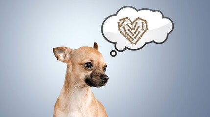 Adorable dog thinking about food, speech bubble, blue background, dry food