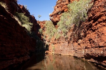 The river in Weano Gorge, Karijini, Western Australia with red rocks around