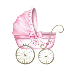 Pink stroller for baby girl.Watercolor hand painted illustrations isolated on white background. - 455558984