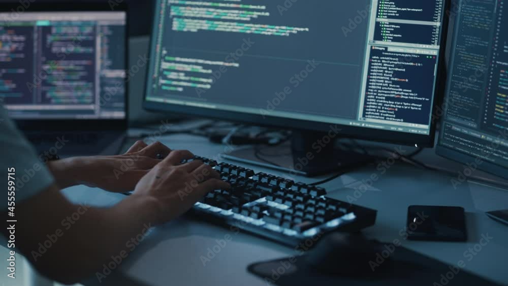 Poster Close-up Focus on Person's Hands Typing on the Desktop Computer Keyboard. Screens Show Coding Language User Interface. Software Engineer Create Innovative e-Commerce App. Program Development