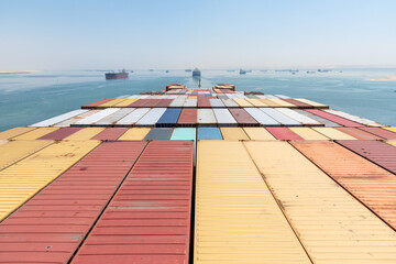 View on the containers loaded on deck of cargo ship. Vessel is transiting Suez Canal on her international trade route. 
