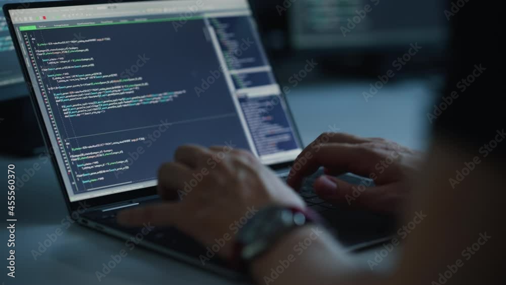 Poster Close-up Focus on Person's Hands Typing on the Desktop Computer Keyboard. Screens Show Coding Language User Interface. Software Engineer Create Innovative e-Commerce App. Program Development