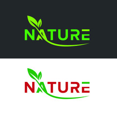  Nature word logo with leaf vector illustration design and isolated over a black and white background.
