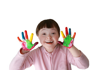Cute little girl with painted hands. Isolated on grey background. - 455560501
