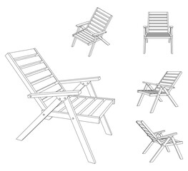 Vector illustration of folding chair with different views, outline