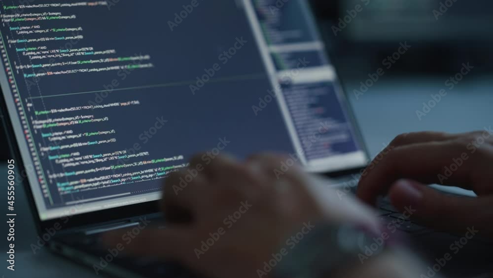 Leinwandbilder Close-up Focus on Person's Hands Typing on the Desktop Computer Keyboard. Screens Show Coding Language User Interface. Software Engineer Create Innovative e-Commerce App. Program Development