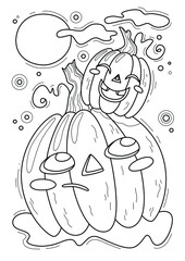 Cartoon page for coloring book with halloween pumpkins, hand-drawn vector illustration.