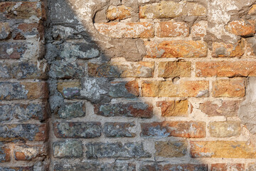 Old brick wall of brown color. Texture grunge background. Close up