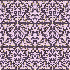 Luxurious pink damask pattern, shiny metallic outline. Seamless print of abstract floral elements in the form of a triangle, purple background.