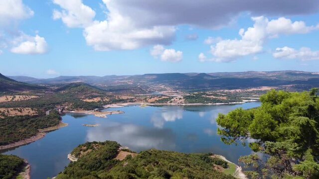 Aerial view of Temo Lake under a cloudy sky. Sardinia, Italy