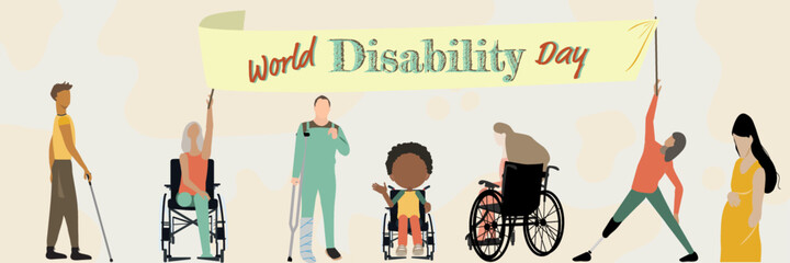 International Day of Persons with Disabilities. Banner icon set with disabled woman athlete with leg prosthesis, blind young man, boy  in wheelchair. December 3.