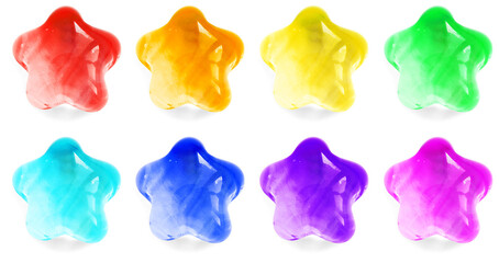 Collection of rainbow color glossy transparent glass stars isolated on white