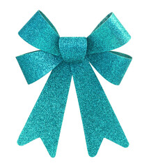 Cyan glitter gift bow, isolated on white