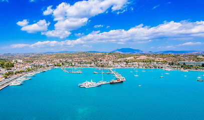 Aerial view over Porto Cheli, a summer resort town in the municipality of Ermionida in the southeastern part of Argolis, Greece