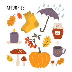 Autumn vector illustration set. Cute seasonal elements for cozy atmosphere.