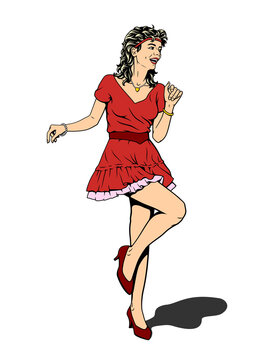 Pretty Woman in The Red Dress Dancing. Pin Up, Pop Art style.