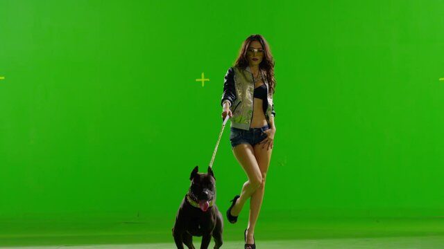 4K Hot girl walking & dancing. With mad pitbull dog. With real strobe lights on body. Slow motion. Green screen. Shot on RED EPIC Cinema Camera.