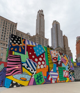 New York, United States - April 2, 2019: A picture of the colorful Mural Project next to the New York World Trade Center.