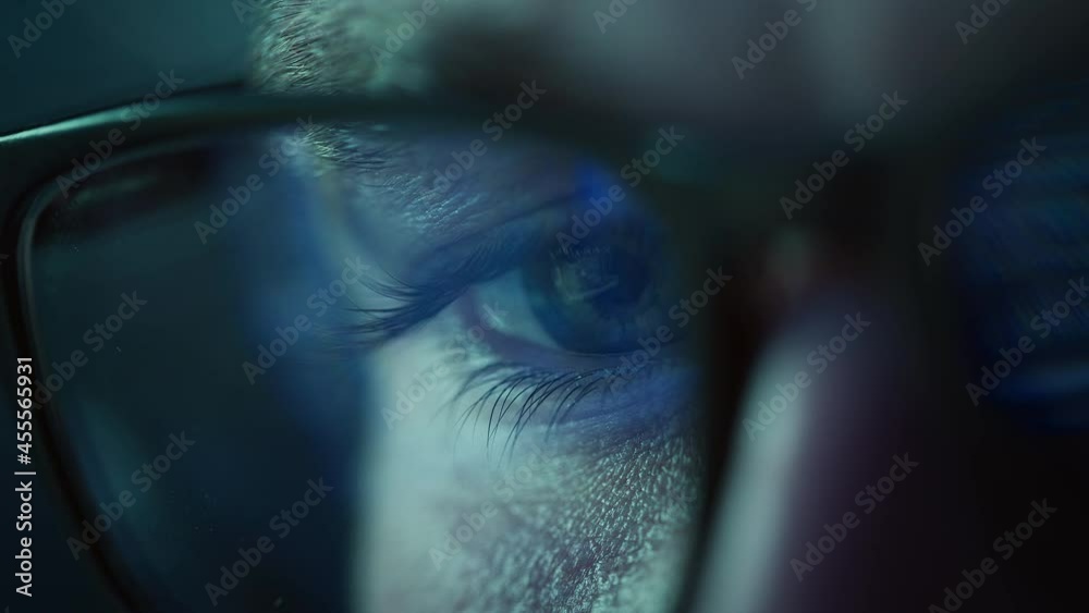 Poster Close-up Portrait of Software Engineer Working on Computer, Line of Code Reflecting in Glasses. Developer Working on Innovative e-Commerce Application using Big Data AI.Stylish Macro Shot of Eye, Lens